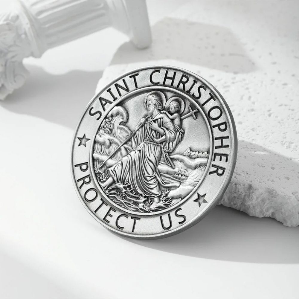 🔹️⏭️NIB St Christopher Hand Carved Metal Alloy Car Visor Clip